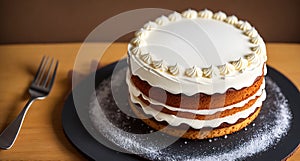A cake with white frosting and decorations on top of a plate.