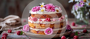 Cake With White Frosting and Pink Flowers on Plate