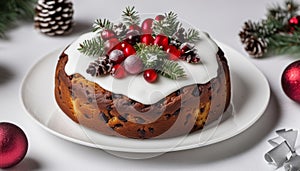A cake with white frosting and red berries on top