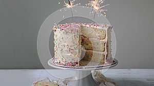 Cake With White Frosting and Sprinkles, Slice Cut Out