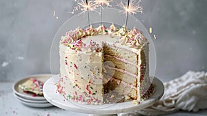 Cake With White Frosting and Sprinkles, Slice Cut Out