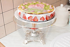 Cake with yogurt and strawberries, heart, love, on a stand, provence, vintage