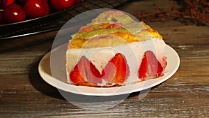 Cake with yogurt and strawberries, still, provence, vintage