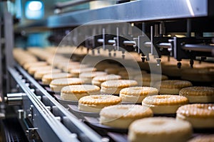 Cakes on an Automated Circular Conveyor in a Bakery Food Factory's Production Line. AI