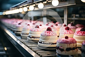 Cakes on an Automated Circular Conveyor in a Bakery Food Factory's Production Line. AI