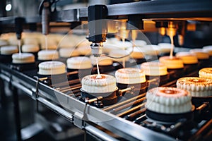 Cakes on an Automated Circular Conveyor in a Bakery Food Factory's Production Line. AI