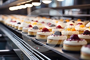 Cakes on an Automated Circular Conveyor in a Bakery Food Factory's Production Line. AI