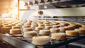 Cakes on automated round conveyor machine in bakery food factory. Generative Ai
