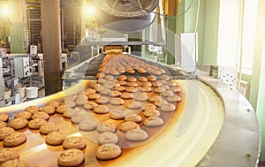 Cakes on automatic conveyor belt or line, process of baking in confectionery culinary factory or plant. Food industry