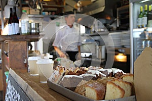 Cakes in cafe on Thurlstone Beach, Devon.