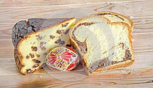 Cakes called Pasca made with cheese and raisins, Cozonac with sm