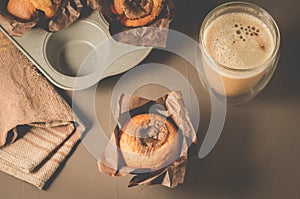 cakes with a chocolate stuffing and cappuccino glass/homemade pa