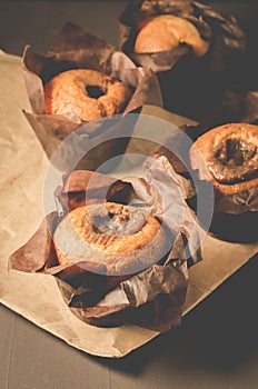 Cakes with a chocolate stuffing on paper/cakes with a chocolate stuffing on paper. Selective focus