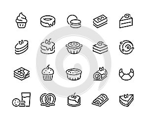 Cakes and cookies line icons. Bakery and sweet food, croissant donuts cupcakes cookies brownies and pies. Vector