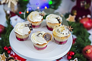 Cakes, cupcakes with dried lemon and chocolate on a white pedestal on a background of green Christmas garland and lights