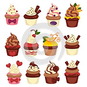 Cakes and cupcakes pastry or bakery vector template icons