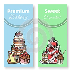 Cakes and cupcakes vector illustration. Chocolate, Napoleon, tiramisu, Sacher, eclair and cheesecake. Isolated on blue