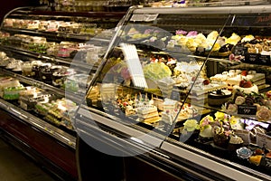 Cakes and desserts in supermarket