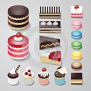 Cakes flat design dessert bakery vector set