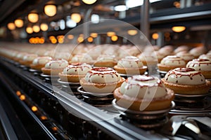 Cakes glide along automated conveyor, a sweet sight in bakery