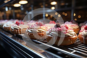 Cakes glide along automated conveyor, a sweet sight in bakery