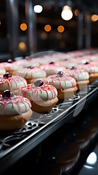 Cakes glide along automated conveyor, a sweet sight in bakery