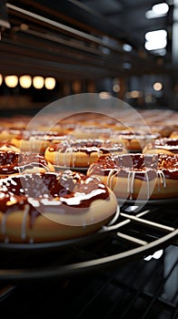 Cakes glide along automated conveyor, a sweet sight in bakery