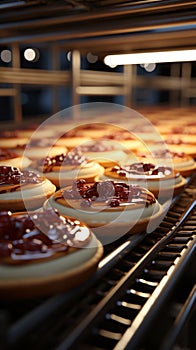 Cakes glide along automated conveyor, a sweet sight in bakery