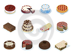 Cakes layered puff tiered pastry icons set. Chocolate, waffle, fruit gateau, sweet roll.