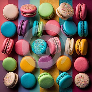 Cakes macaron or macaroon on striped background, colorful vibrant almond cookies, brightl colors