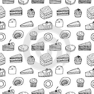 Cakes seamless pattern vector illustration, hand drawing doodles