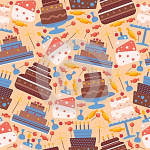 Cakes seamless pattern, vector illustration. Icons of birthday and wedding cake in flat style, sweet chocolate dessert