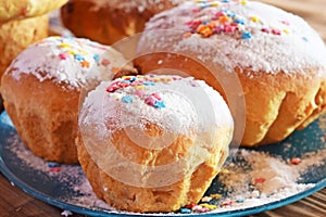 Cakes on a wooden table.