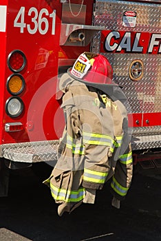 A Cal Fire truck and jacket with hat