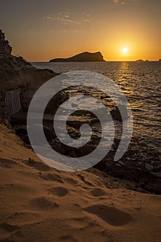 Cala Comte beach sunset view