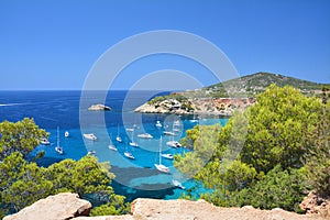 Cala d`Hort bay with turquoise water on Ibiza island, Spain