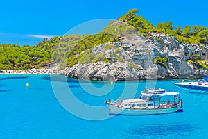 Cala Macarelleta Beach Ð¡ove with Boats Floating on Water