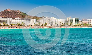 Beach coastline of tourist resort Cala Millor on Majorca island, Spain