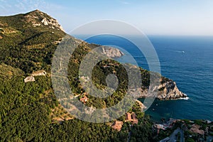 Cala Piccola, province of Grosseto, village and beach near Porto Santo Stefano photographed with drone.