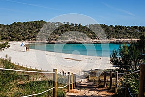 Cala S\'Amarador beach with white sand and turquoise sea in Cala Mondrago bay at Mallorca