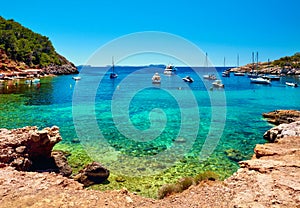 Cala Salada lagoon. Idyllic scenery. Ibiza, Balearic Islands. Spain