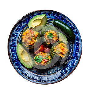 Calabacitas Rellenas On A Blue Abstraction Round Plate On Isolated Transparent Background Mexican Food. Generative AI photo