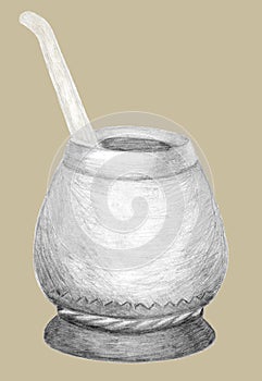 Calabash gourd and bombilla for Yerba Mate tea. Hand drawn graphics. Pencil sketch on beige. Healthy coffeine drink.