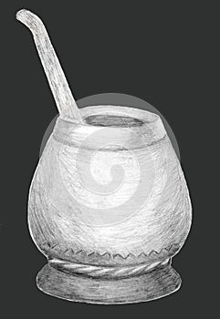 Calabash gourd and bombilla for Yerba Mate tea. Hand drawn graphics. Pencil sketch on dark. Healthy coffeine drink.