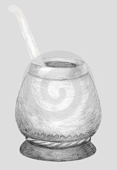 Calabash gourd and bombilla for Yerba Mate tea. Hand drawn graphics. Pencil sketch on gray. Healthy coffeine drinkÃÅ½