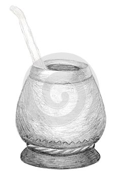 Calabash gourd and bombilla for Yerba Mate tea. Hand drawn graphics. Pencil sketch on white. Healthy coffeine drink