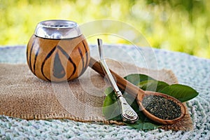 Calabash with mate tea, on bright green backdrop