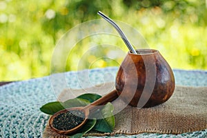 Calabash with mate tea, on green background