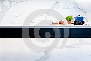 Calacatta marble kitchen countertop and splash back photo
