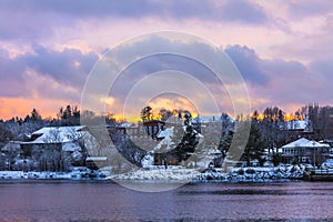 Calais, Maine at sunset in winter